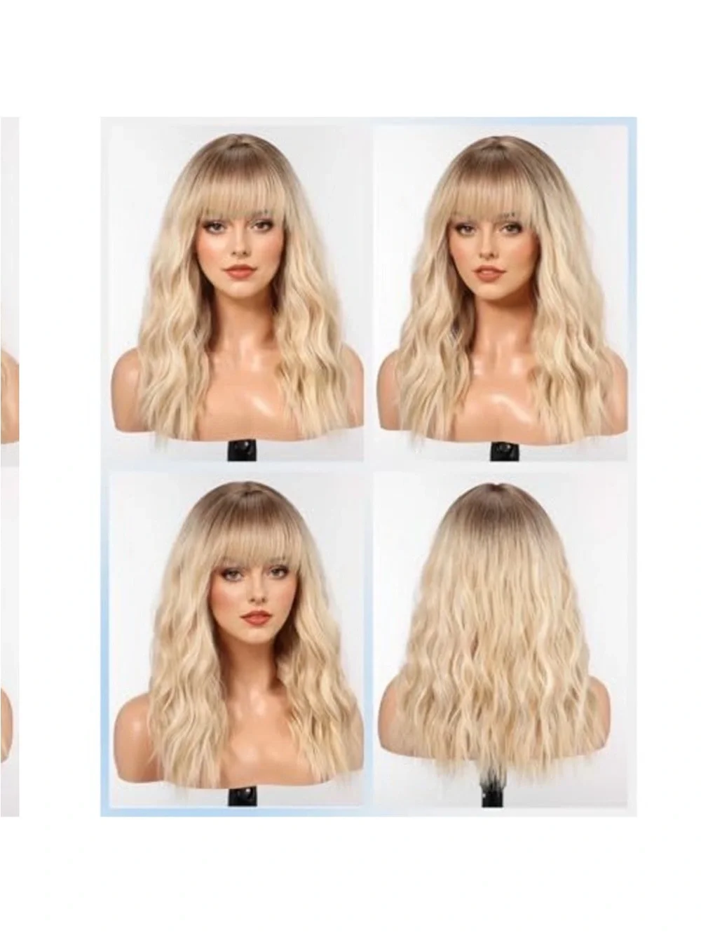 Ombre Blonde Wavy Wig with Bangs‎ Medium Length Synthetic Beach Wave Hairpiece